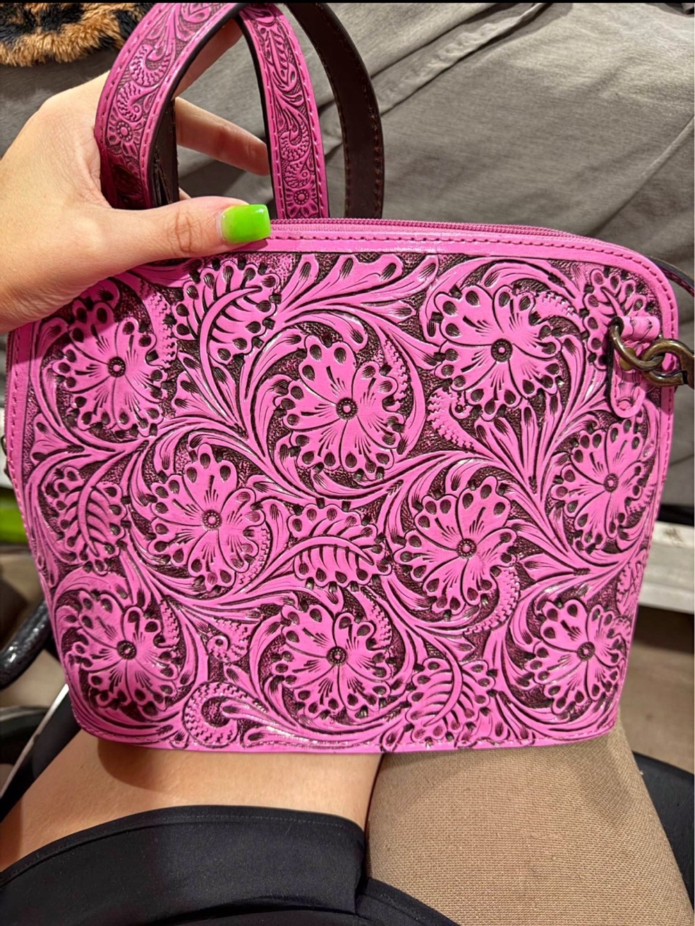 Pink Floral Tooled Leather Crossbody Bag - Women